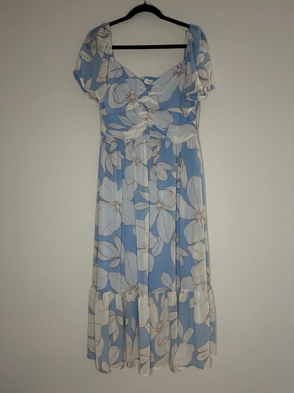 Blue Floral Midi Dress with Puff Sleeves